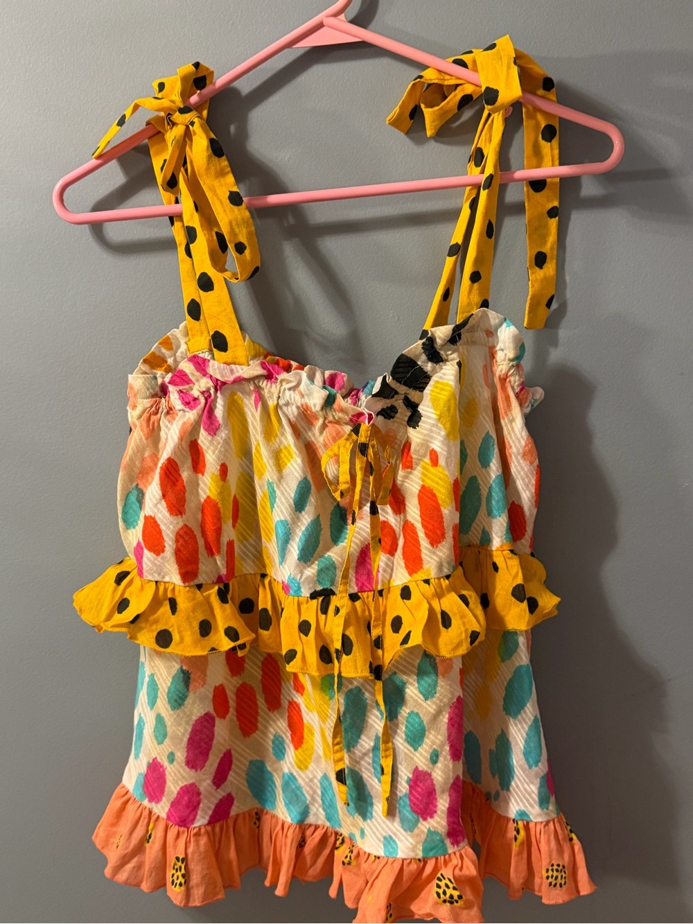 Multicolor Polka Dot Tie-Shoulder Ruffle Tank